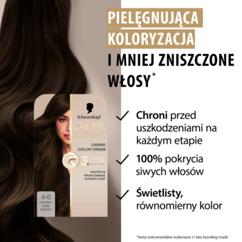 Schwarzkopf Creme Supreme 4-0 Naturalny Brąz – pielęgnująca farba do włosów, obok lśniące pasmo.
