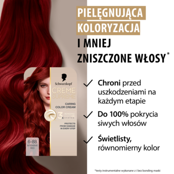 Schwarzkopf Creme Supreme 6-88 Czerwony Ciemny Blond, opakowanie obok rudych włosów. Pielęgnująca koloryzacja, 100% pokrycia siwych.