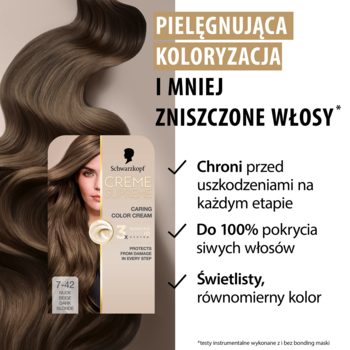 Kadr z kobietą z falistymi, beżowo-blond włosami i farbą Schwarzkopf Creme Supreme 7-42. Pielęgnująca koloryzacja kryje siwe włosy.