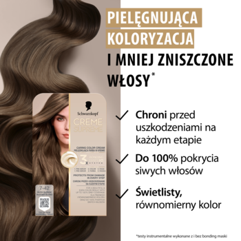 Trwała farba Schwarzkopf Creme Supreme 7-42 Beżowy Blond z pielęgnacją HaptIQ, na tle falowanych włosów.
