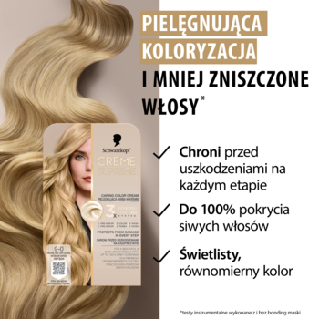 Opakowanie farby Schwarzkopf Creme Supreme 9-0 Blond z lśniącymi włosami w tle, podkreśla ochronę i krycie siwych.