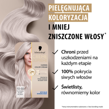 Schwarzkopf Creme Supreme 10-06 chłodny blond, pielęgnująca farba. Pudełko przy modelce z lśniącymi włosami.