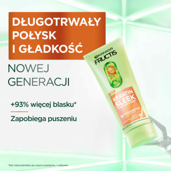 Garnier Fructis Keratin Sleek szampon w zielonej tubce. Zapewnia długotrwały połysk i gładkość nowej generacji.