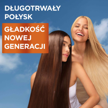 Maska Garnier Fructis Keratin Sleek: uśmiechnięte kobiety z długimi, błyszczącymi włosami i gładkością nowej generacji.