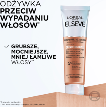 L'Oréal Elseve Growth Booster odżywka przeciw wypadaniu włosów, beżowo-biała tubka, widok z przodu, lekko pod kątem.