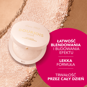 Otwarty rozświetlacz w pudrze Bourjois Maxi Round Pot, wypiekany, na tle beżowych smug. Dla naturalnego blasku.