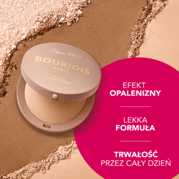 Okrągły, otwarty matowy bronzer Bourjois na tle rozsypanego pudru. Nadaje naturalny efekt opalenia.