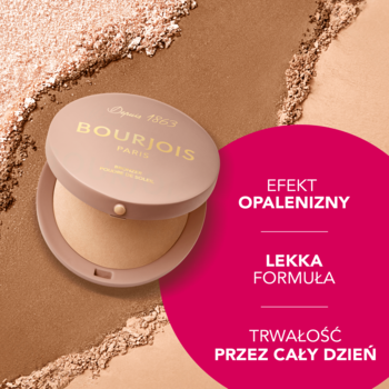 Bronzer Bourjois Maxi Round Pot, otwarty kompakt z matowym pudrem o efekcie opalenizny na tle pudru.