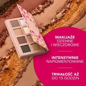 Bourjois Gold Glamour Soirs de Paris paleta cieni z 8 beżowo-brązowymi odcieniami, trwałość do 15h, na tle pudrów.