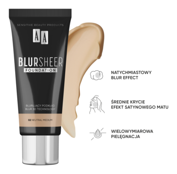 Wygładzający podkład AA Blur Sheer Neutral Medium w czarnej tubce z testem koloru, obok ikony efektów: blur, satynowy mat.