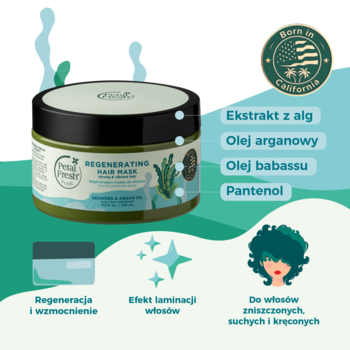 Zielona maska regenerująca Petal Fresh z algami i olejem arganowym w słoiku, z infografikami składników.