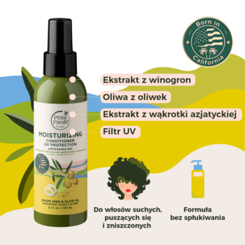 Zielona odżywka w sprayu Petal Fresh z ochroną UV, oliwą i winogronami, dla suchych włosów, widok z przodu.