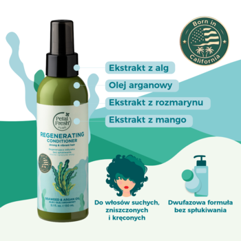 Petal Fresh Regenerująca odżywka bez spłukiwania, zielony spray do włosów suchych i kręconych, algi, argan.