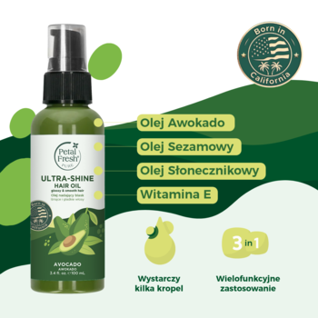 Petal Fresh Ultra-Shine olej do włosów z awokado, zielona butelka z pompką, etykieta i składniki.