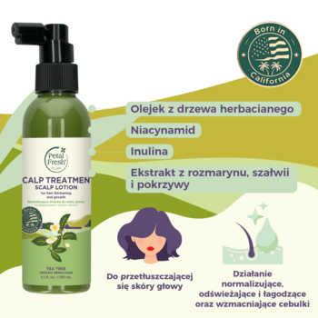Zielona butelka wcierki Petal Fresh Scalp Treatment z pompką, obok grafika składników na tłustą skórę głowy.