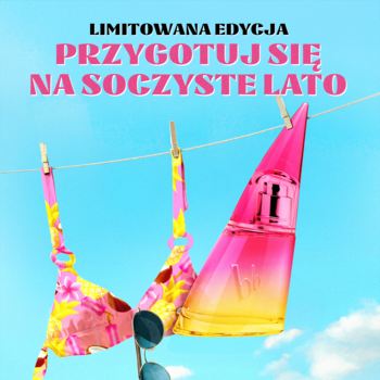 Letnia woda toaletowa Bruno Banani Limited Edition i różowe bikini, wiszą na sznurku. Na górze tekst: LIMITOWANA EDYCJA.