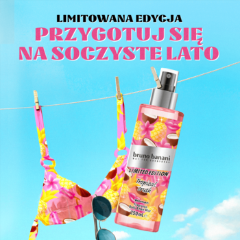 Bruno Banani Limited Edition mgiełka do ciała, tropikalny zapach. Butelka i bikini wiszą na sznurku pod niebem.