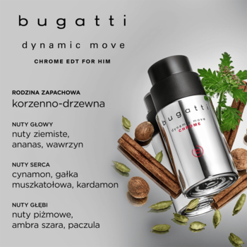 Męska woda toaletowa Bugatti Dynamic Move Chrome EDT, srebrno-czarna butelka pod kątem, wśród korzennych przypraw.