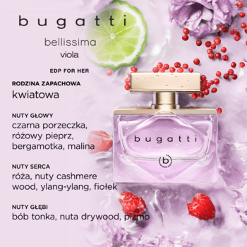 Damska woda perfumowana Bugatti Bellissima Viola, fioletowy flakon z nutami kwiatowo-owocowymi.