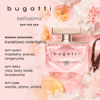 Elegancka butelka perfum Bugatti Bellissima EDP, kwiatowo-orientalna, na tle różowych kwiatów i owoców cytrusowych.