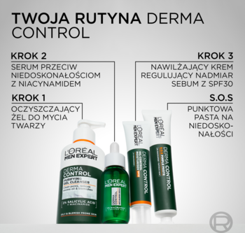 Rutyna L'Oréal Men Expert Derma Control: żel, serum z niacynamidem, krem SPF30, pasta SOS. Butelki i tubki zielono-białe.