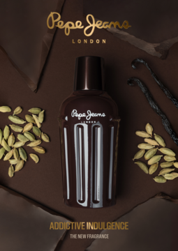 Woda perfumowana Pepe Jeans Addictive Indulgence dla mężczyzn, brązowy flakon-shaker, kardamon i wanilia.