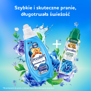 Niebieski żel Coccolino i zielony perfum do prania Elixir Heavenly Fresh na tle kwiatów dla świeżości.