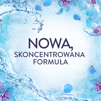 Nowa, skoncentrowana formuła Lenor Spring Awakening, na błękitnym tle z rozpryskami wody i płatkami.