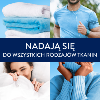 Lenor perełki zapachowe Spring Awakening. Kolaż: świeże tkaniny, ludzie. Napis: DO WSZYSTKICH RODZAJÓW TKANIN.