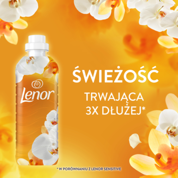 Płyn Lenor Gold Orchid & Vanilla, biała butelka z orchideami, na tle pomarańczowym, z napisem: 'Świeżość 3x dłużej'.