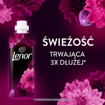 Płyn Lenor Lotus Flower & Diamond Figs. Ciemna butelka na tle fioletowych kwiatów. Hasło "Świeżość 3x dłużej".