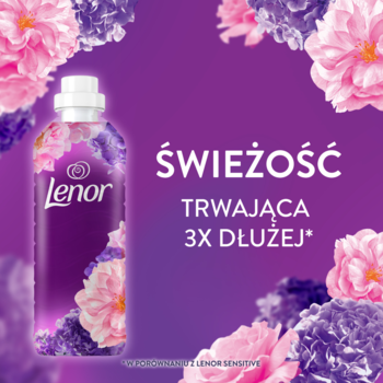 Lenor płyn do płukania, fioletowa butelka z kwiatowym wzorem, zapach Floral Bouquet, 3x dłużej świeżość.