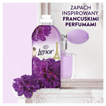 Fioletowy Lenor Haute Couture La Desirable, płyn do płukania z kwiatami i Wieżą Eiffla, inspirowany perfumami.