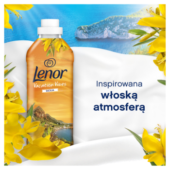 Pomarańczowy płyn do płukania Lenor Sicilia Vacation Vibes na białym tle, żółte kwiaty, napis "Inspirowana włoską atmosferą".