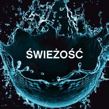 Dynamiczny niebieski rozprysk wody na ciemnym tle z białym napisem "ŚWIEŻOŚĆ", symbolizujący zapach Fresh.