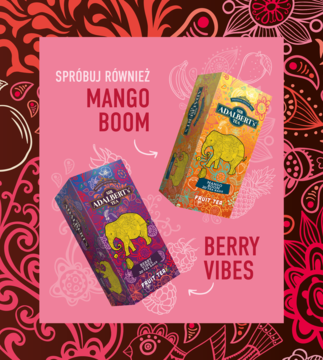 Dwa pudełka herbat Sir Adalbert's z logo słonia: pomarańczowe Mango Boom i fioletowe Berry Vibes, na kwiecistym tle.