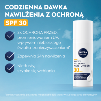 NIVEA MEN Sensitive Triple Protect nawilżający krem SPF30, biała butelka z tekstem o 3x ochronie.