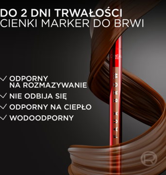 Cienki marker do brwi NYX Faux Brow Dark Brunette otoczony brązową wstążką. Wodoodporny, trwały do 2 dni.