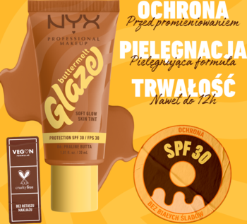 NYX Buttermelt Glaze tint SPF 30, brązowa tubka, logo Vegan i SPF 30, na tle pomarańczowym z napisami.