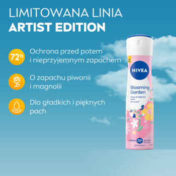 NIVEA Blooming Garden Artist Edition antyperspirant w sprayu 72h, różowo-biała puszka, piwonia, magnolia.