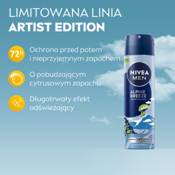NIVEA MEN Alpine Breeze antyperspirant 72h, niebieska puszka z górskim wzorem, obok cechy: ochrona, cytrusowy zapach.