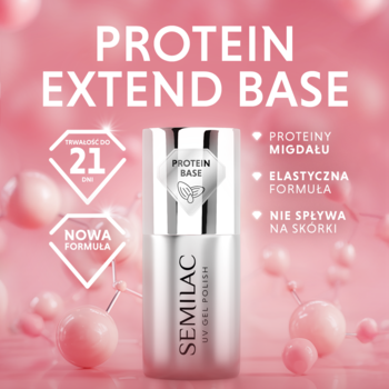 Semilac Protein Extend Base, srebrna butelka, na różowym tle. Widoczne napisy: proteiny migdału, trwałość do 21 dni.