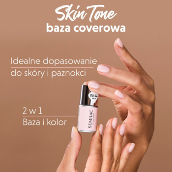Semilac Skin Tone Cover Base, butelka w dłoni, jasnoróżowy lakier na paznokciach, idealne dopasowanie do karnacji.