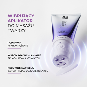 Serum AA Youth, biała tubka z wibracyjnym aplikatorem do masażu twarzy. Widok na końcówkę z fioletowymi detalami.