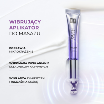 Serum pod oczy AA Youth Supreme Reset Vibes Booster z wibracyjnym aplikatorem na białym tle z tekstami o korzyściach.
