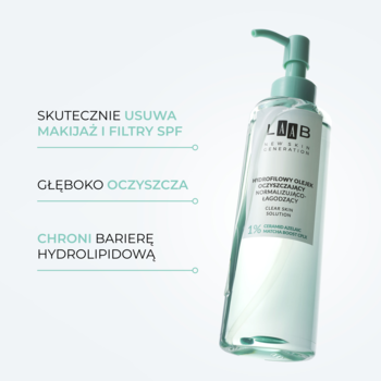 AA LAAB olejek hydrofilowy z ceramidami do demakijażu, przeźroczysta butelka z turkusową pompką, widok z przodu.