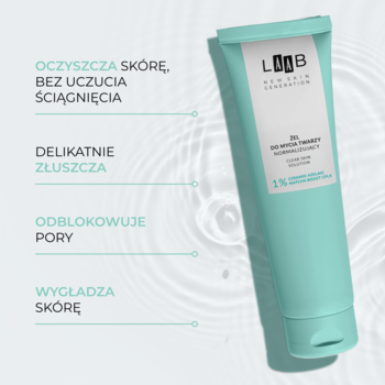 AA LAAB normalizujący żel do mycia twarzy z ceramidami i PHA w miętowej tubce, ukazany pod kątem, na białym tle.