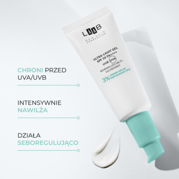 Normalizująco-ochronny żel SPF 50 AA LAAB w białej tubce z niebieską pompką, widoczna kropla żelu.