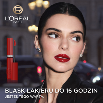 Reklama L'Oréal: Kendall Jenner z czerwoną, błyszczącą pomadką w płynie Infaillible Laque Resistance.