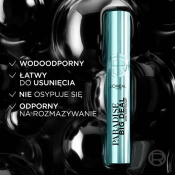 L'Oréal Paradise Big Deal wodoodporny tusz w turkusowej tubce, widok z przodu na ciemnym, błyszczącym tle.